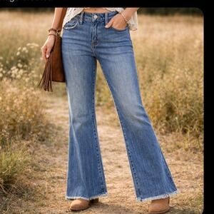 Current/Elliott Womens Blue Cropped Flare Split Raw Hem Denim Jeans Medium Wash